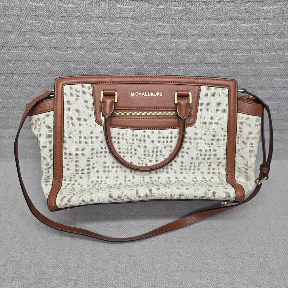 Michael Kors Selma Signature Satchel Bag Womens Large White Brown Logo